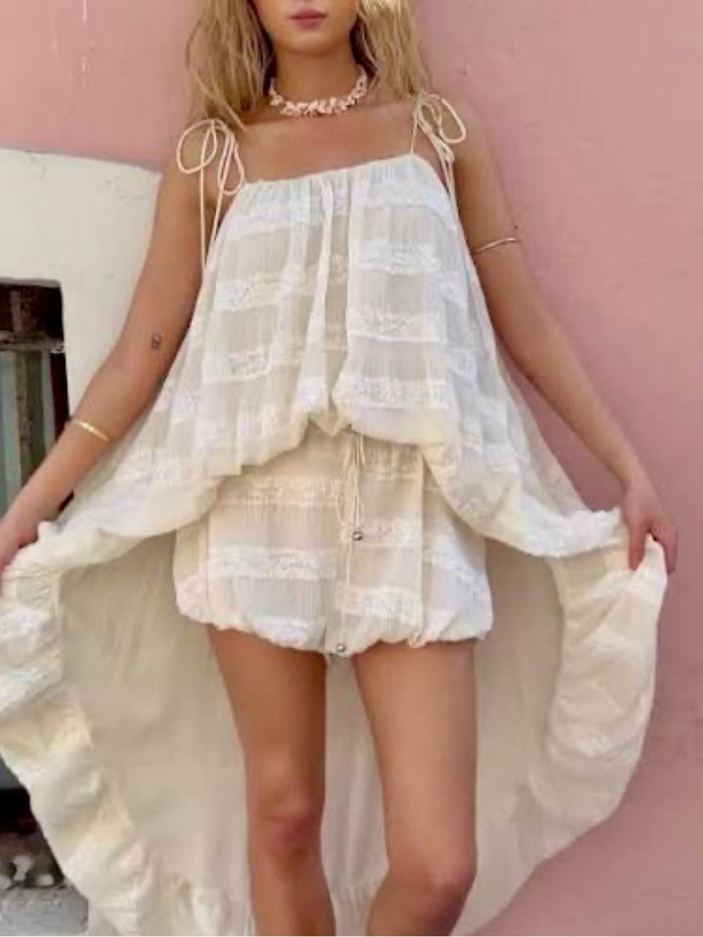 Boho Cream Ruffled Tie-Shoulder High-Low Bubble Tunic with Short-Set